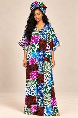 100% Cotton African Plus Size Boho Kaftan Maxi Boubou Dress Headwrap 2X 3X 4X